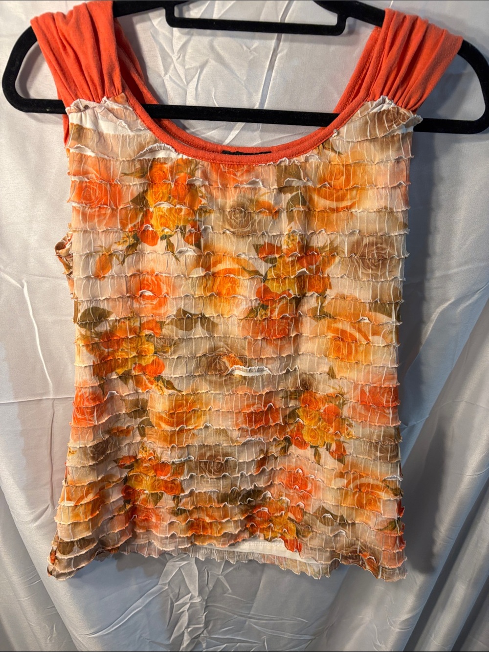 Women’s Orange Floral Ruffle Tank Top
